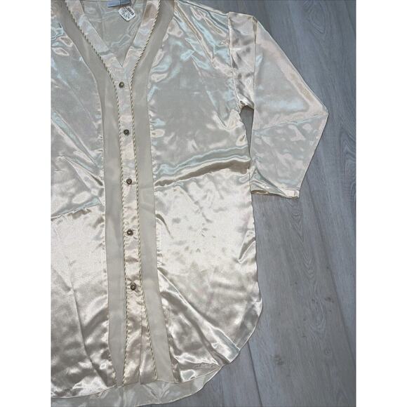 Lingerie Cacique Womens Dress Size L Ivory Satin Shell Button Sheer Slip Shirt - Picture 9 of 14